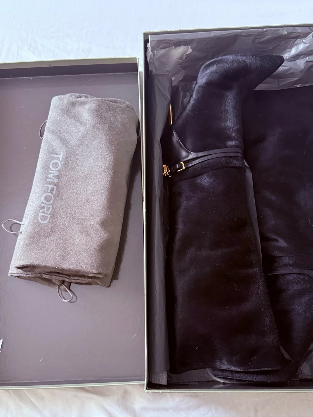 Tom Ford Black Suede Knee-High Boots with Gold Accent